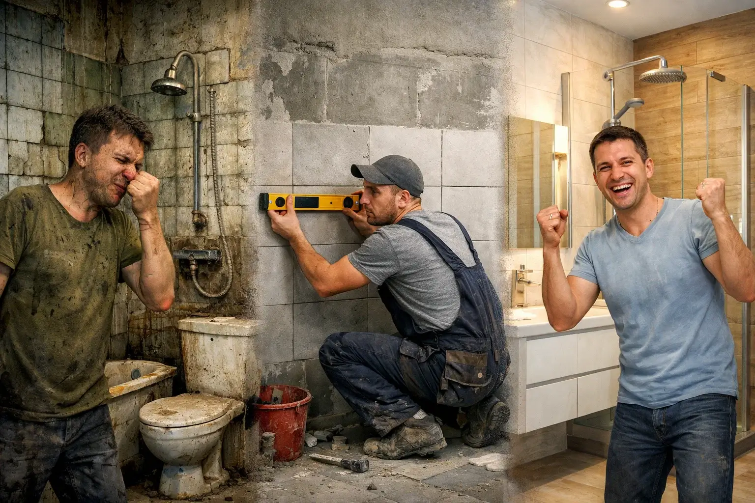 контроль уровня при ремонте ванной до и после