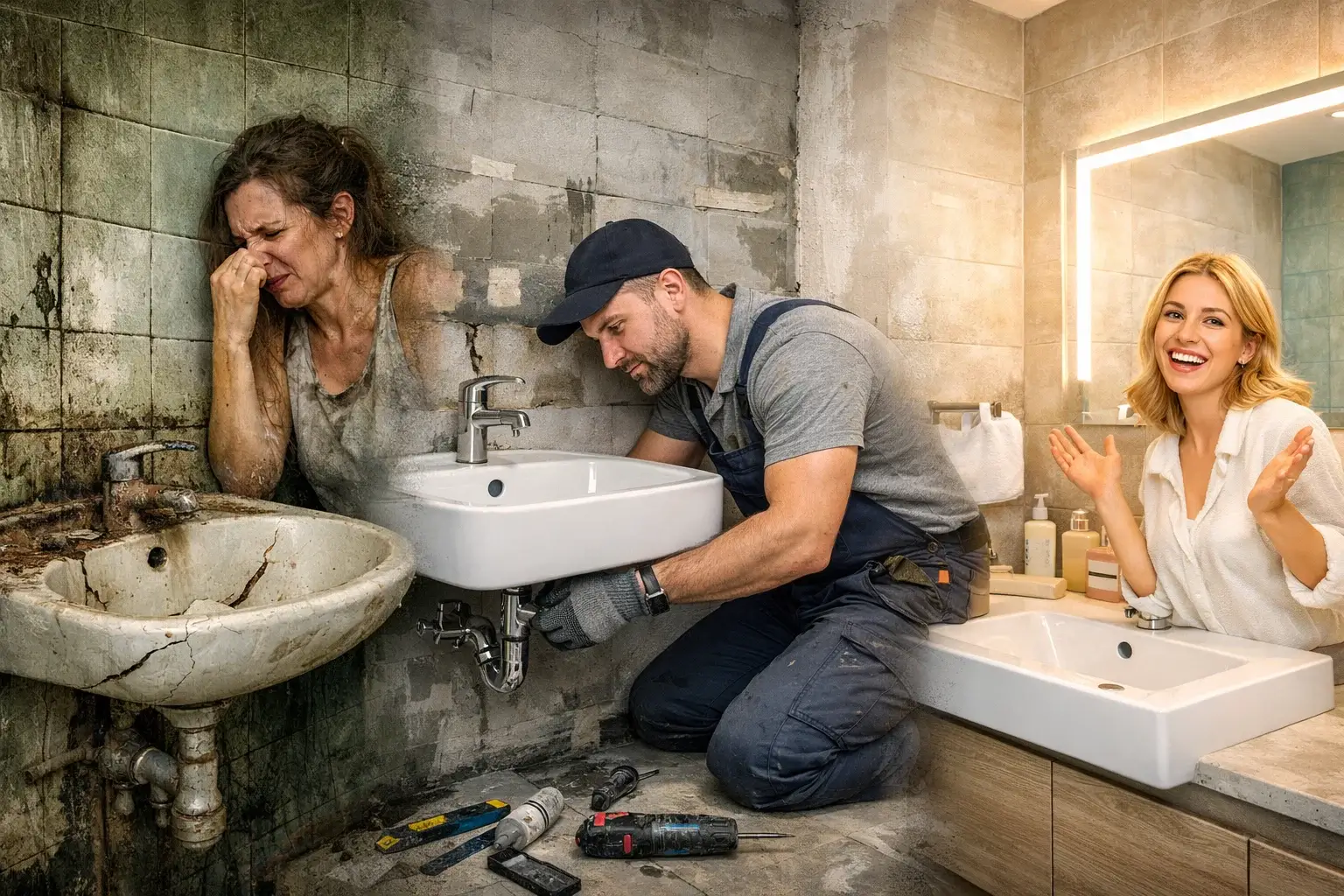 установка раковины в ванной до и после ремонта